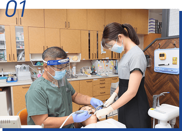 ①短期集中治療と痛みの少ない治療を心掛けています ②わかりやすい説明で治療の内容を理解してもらいます ③スタッフの知識と技術の向上に力を入れています